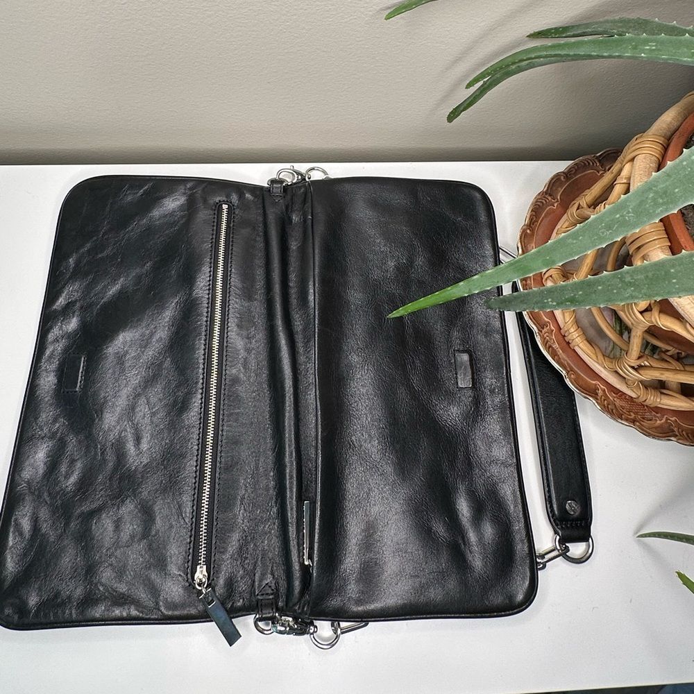 Tory Burch Black Leather Fold-Over Clutch | Removable Chain Strap | Silver Logo - Picture 5 of 12